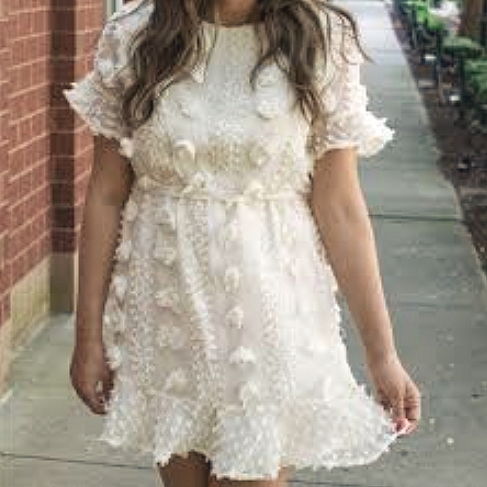 & Merci Cream Floral Applique Flounce Ivory Off-White Dress